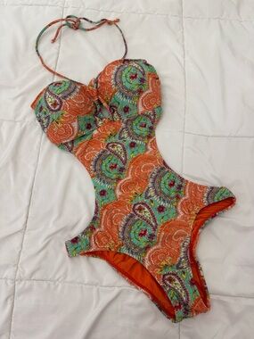 SOFIA by ViX Orange & Turquoise Paisley Cutout One-Piece Swimsuit